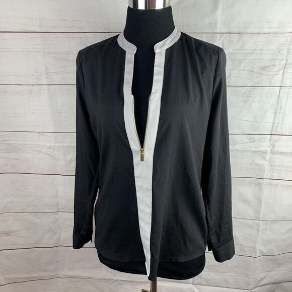 Calvin Klein XS Office Work Career Blouse Roll-up Sleeves Black White Gold Zip - Picture 2 of 16